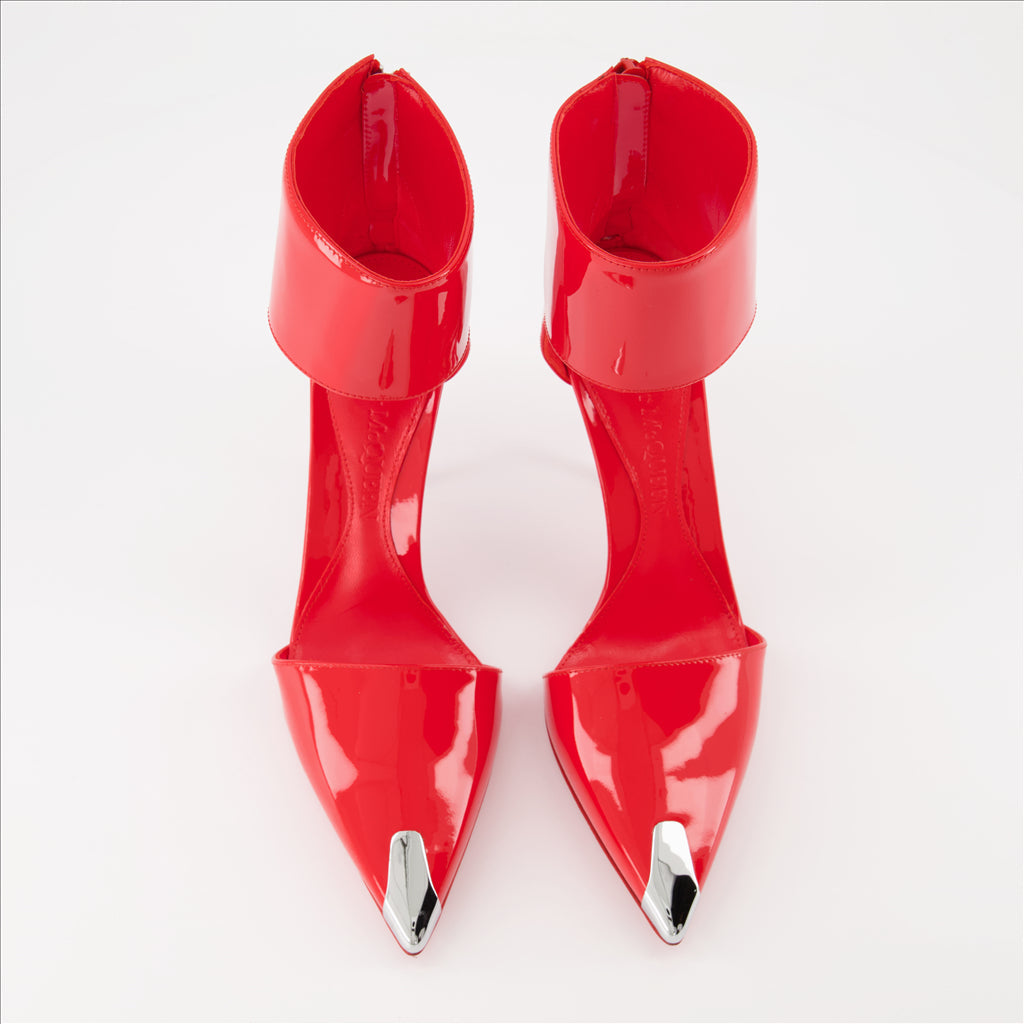 Punk pumps, Alexander McQueen, red leather, luxury shoes, metal pointed toe