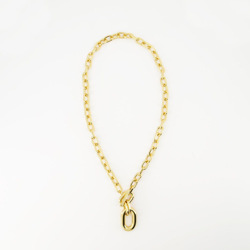 gold necklace, thick link chain, T-bar closure, Rabanne jewelry, Spring-Summer 2025