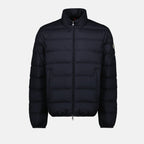 blue down jacket, winter outerwear, Moncler jacket, recycled materials, stylish outerwear
