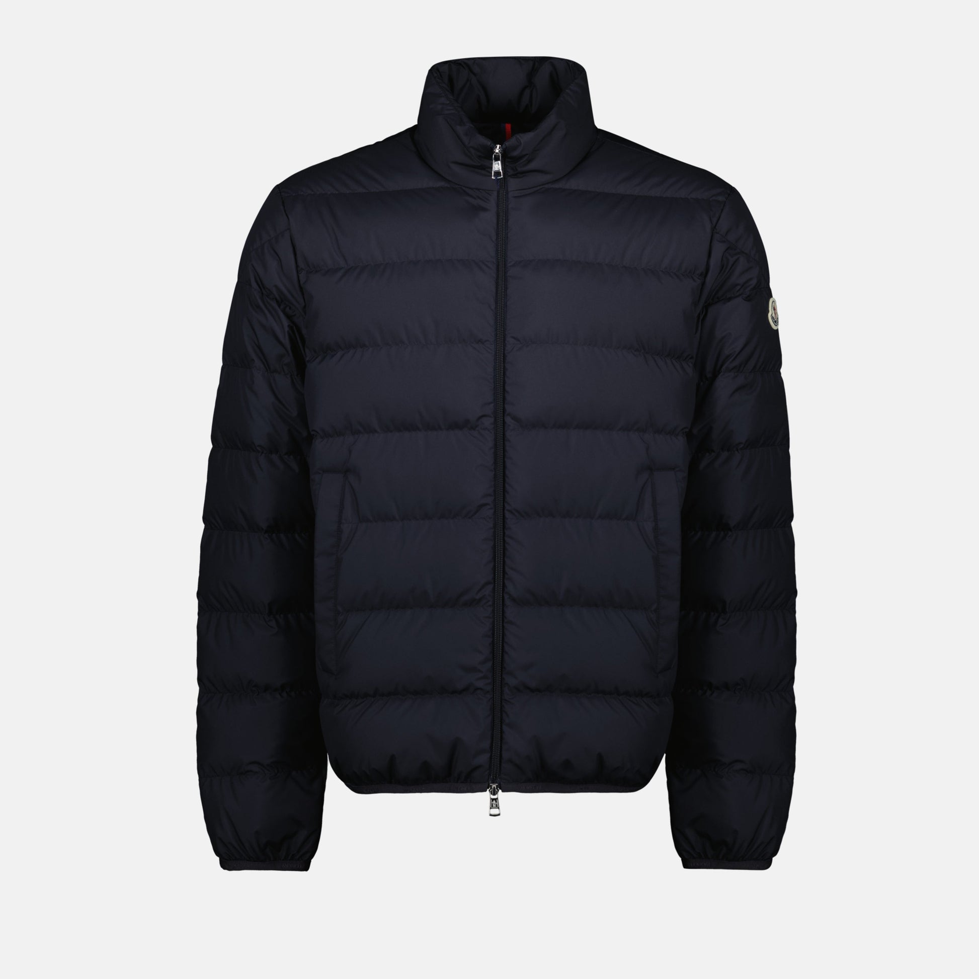 blue down jacket, winter outerwear, Moncler jacket, recycled materials, stylish outerwear