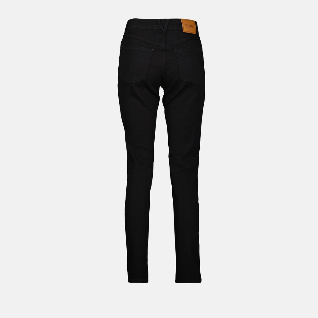 slim denim jeans, Versace jeans, black jeans, designer denim, Medusa detail jeans