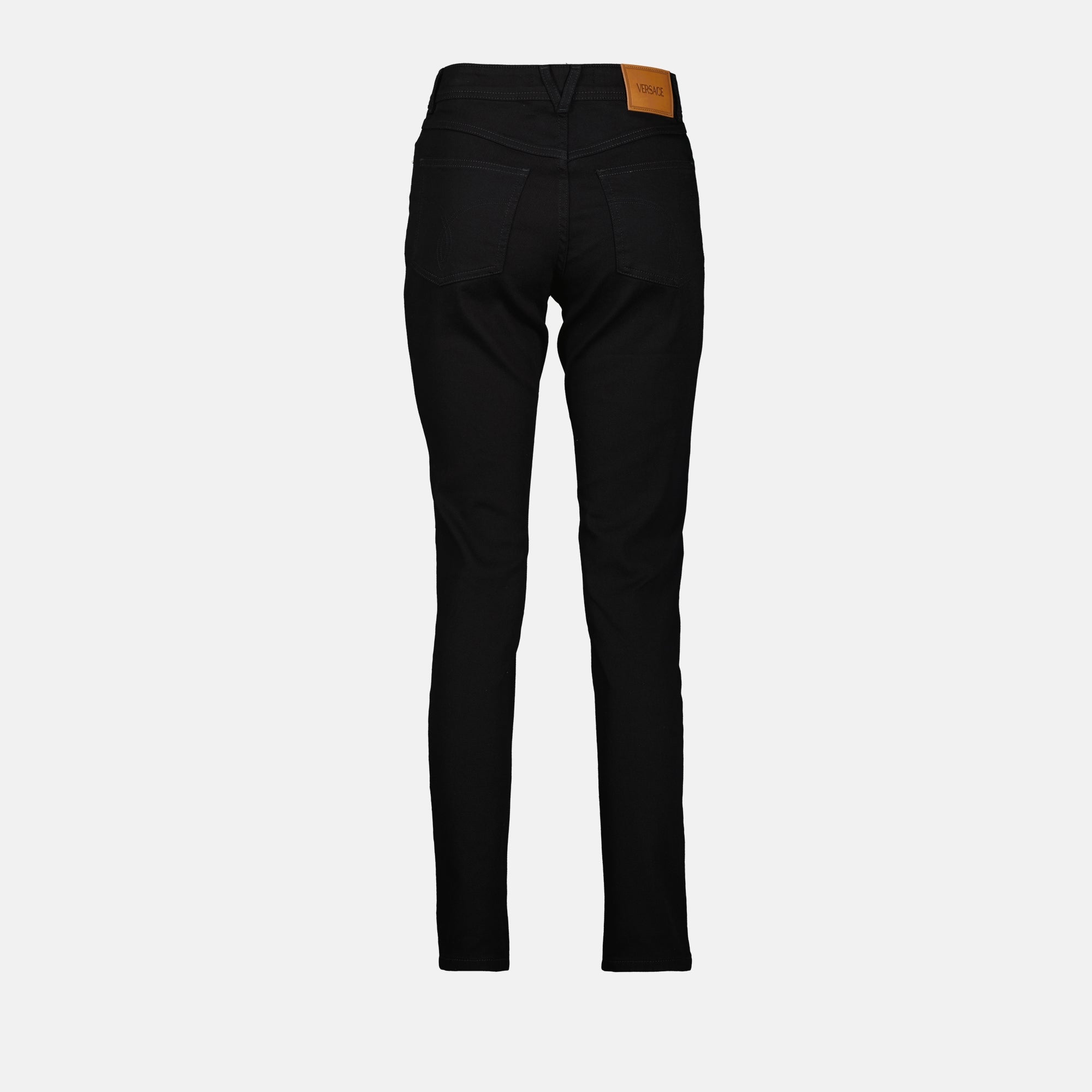 slim denim jeans, Versace jeans, black jeans, designer denim, Medusa detail jeans