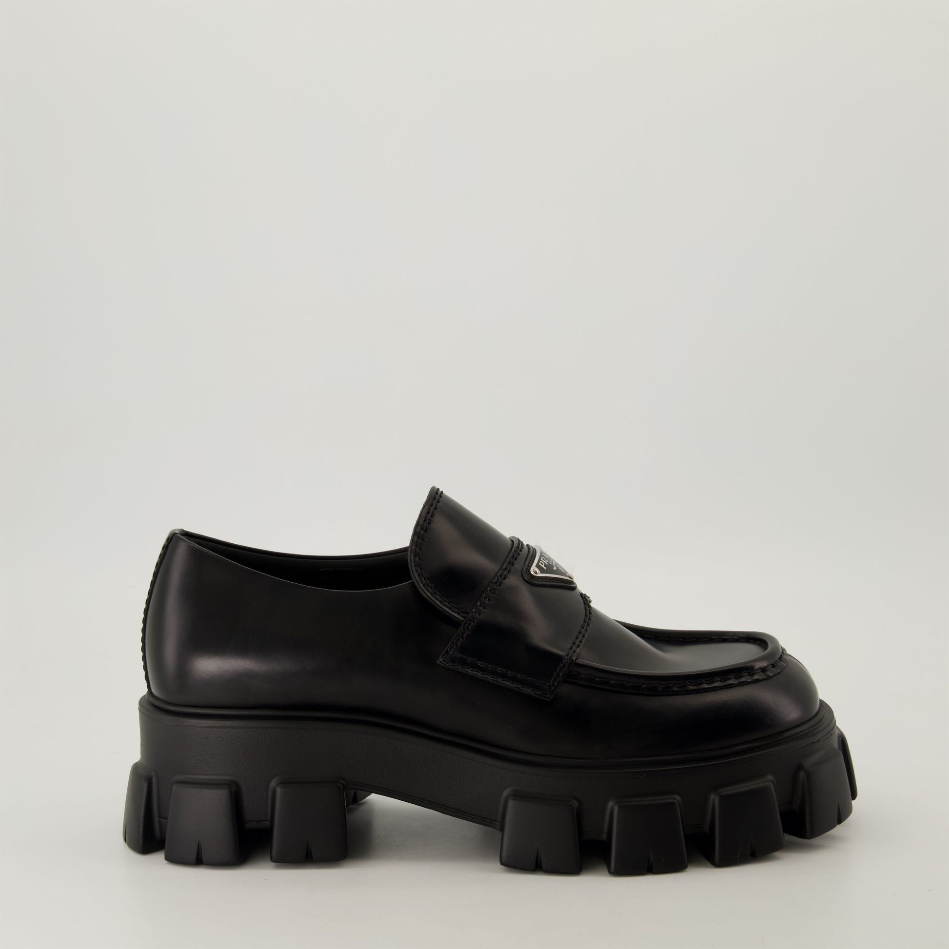 Black Leather Moccasins, Chunky Sole Shoes, Rubber Sole Footwear, Enamelled Logo Moccasins, Autumn-Winter 2024 Shoes