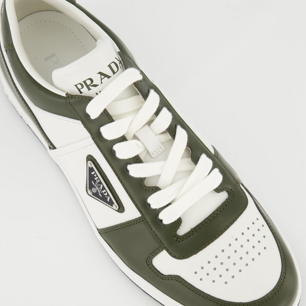 Prada sneakers, Downtown model, calf leather shoes, khaki and white sneakers, men's footwear