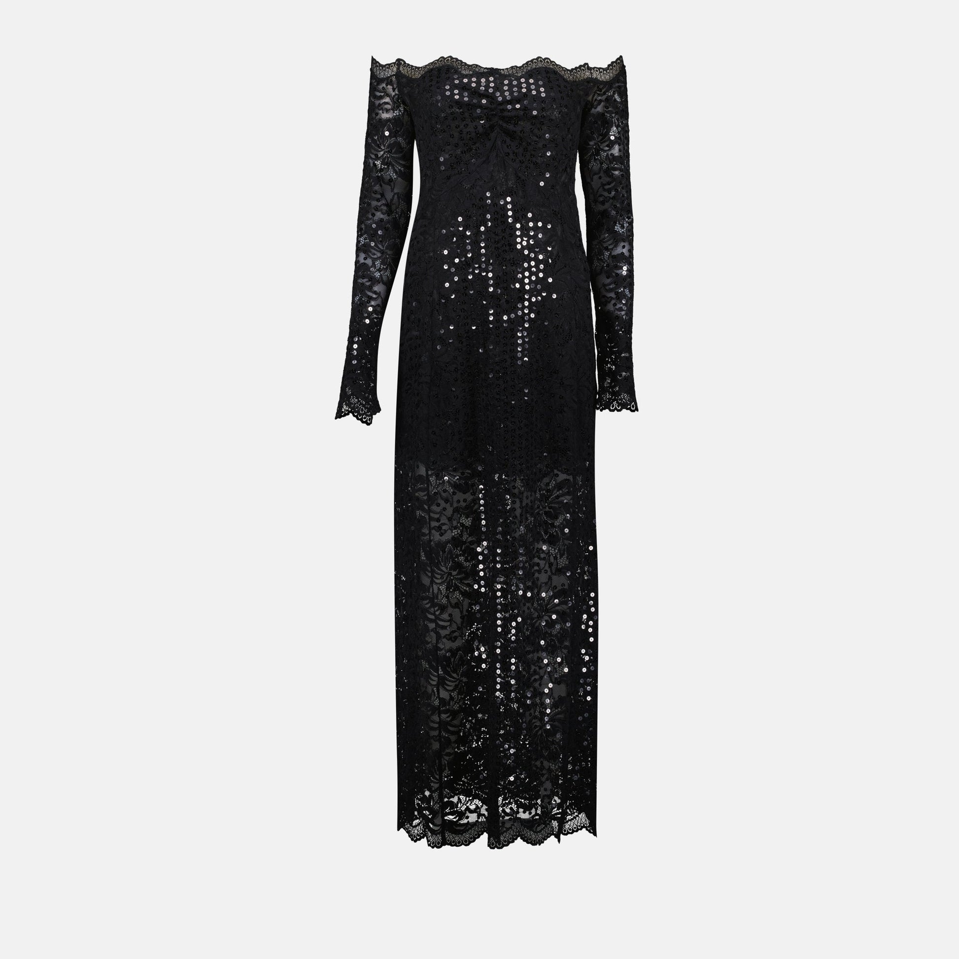 Black lace dress, Rabanne dress, long lace dress, elegant boat neckline, fall winter fashion