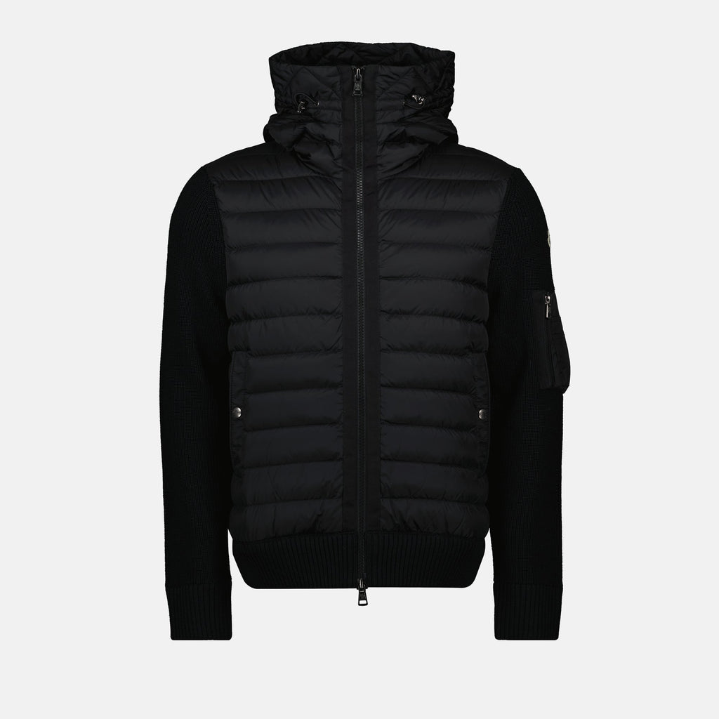 Moncler cardigan, zipped cardigan, black cardigan, men's outerwear, wool and nylon blend