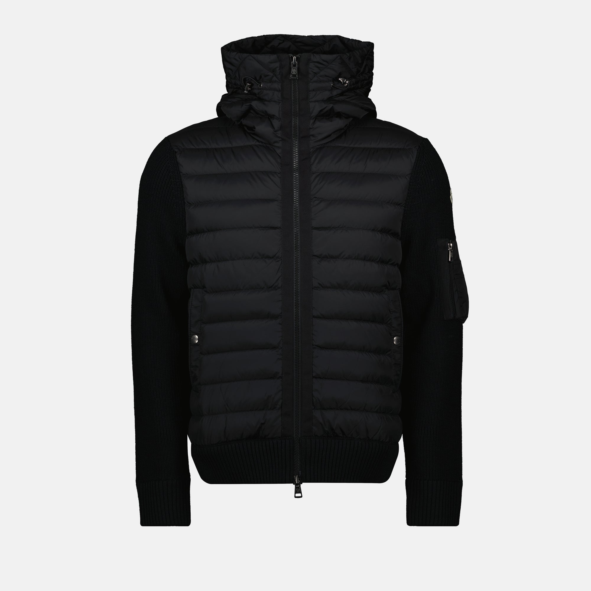 Moncler cardigan, zipped cardigan, black cardigan, men's outerwear, wool and nylon blend