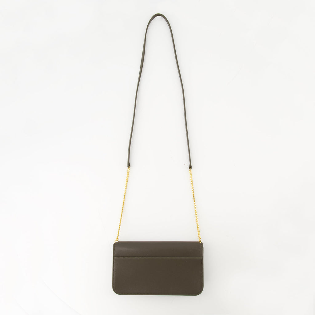 Saint Laurent phone pouch, khaki leather accessory, smooth calf leather pouch, Fall-Winter 2025 collection, detachable shoulder strap