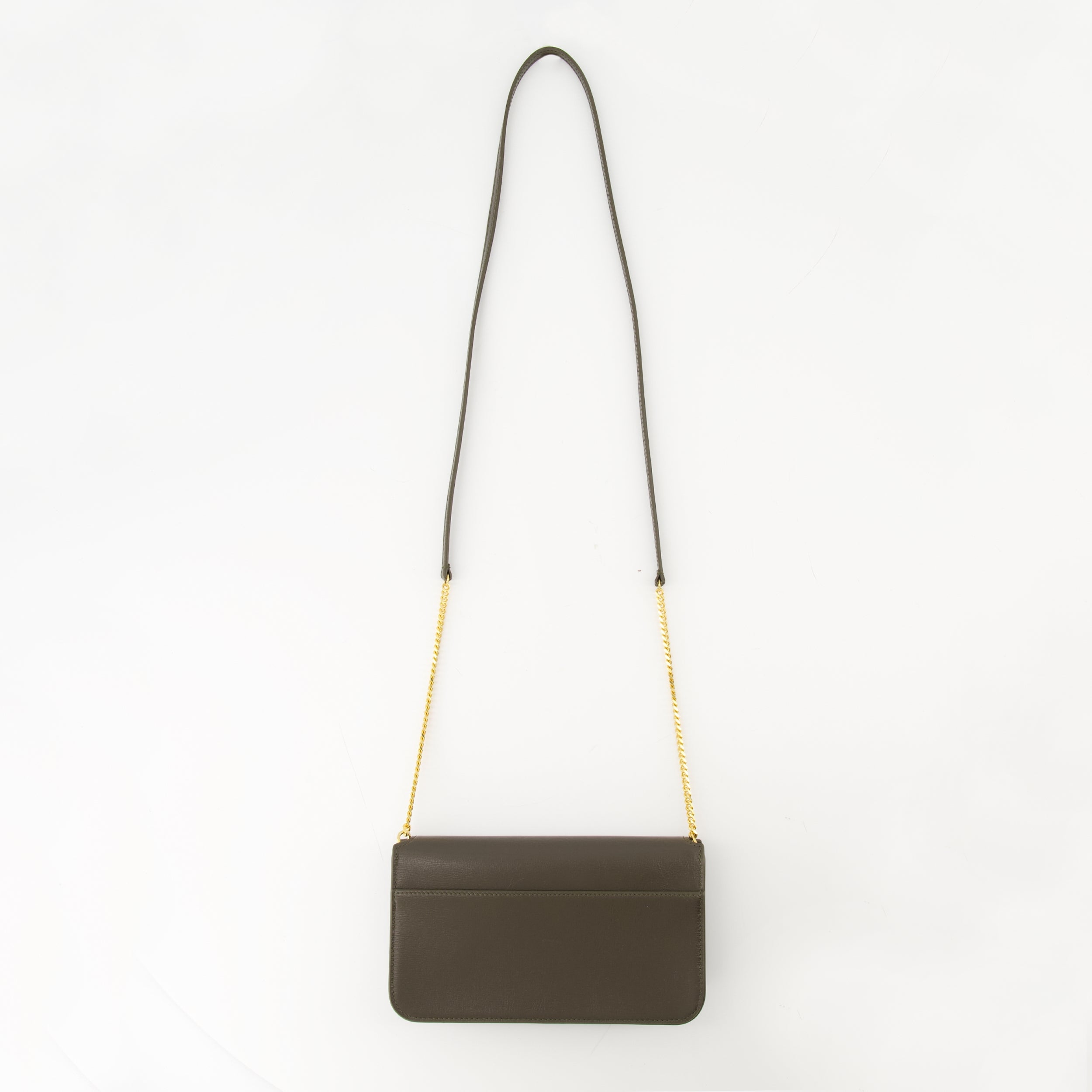 Saint Laurent phone pouch, khaki leather accessory, smooth calf leather pouch, Fall-Winter 2025 collection, detachable shoulder strap