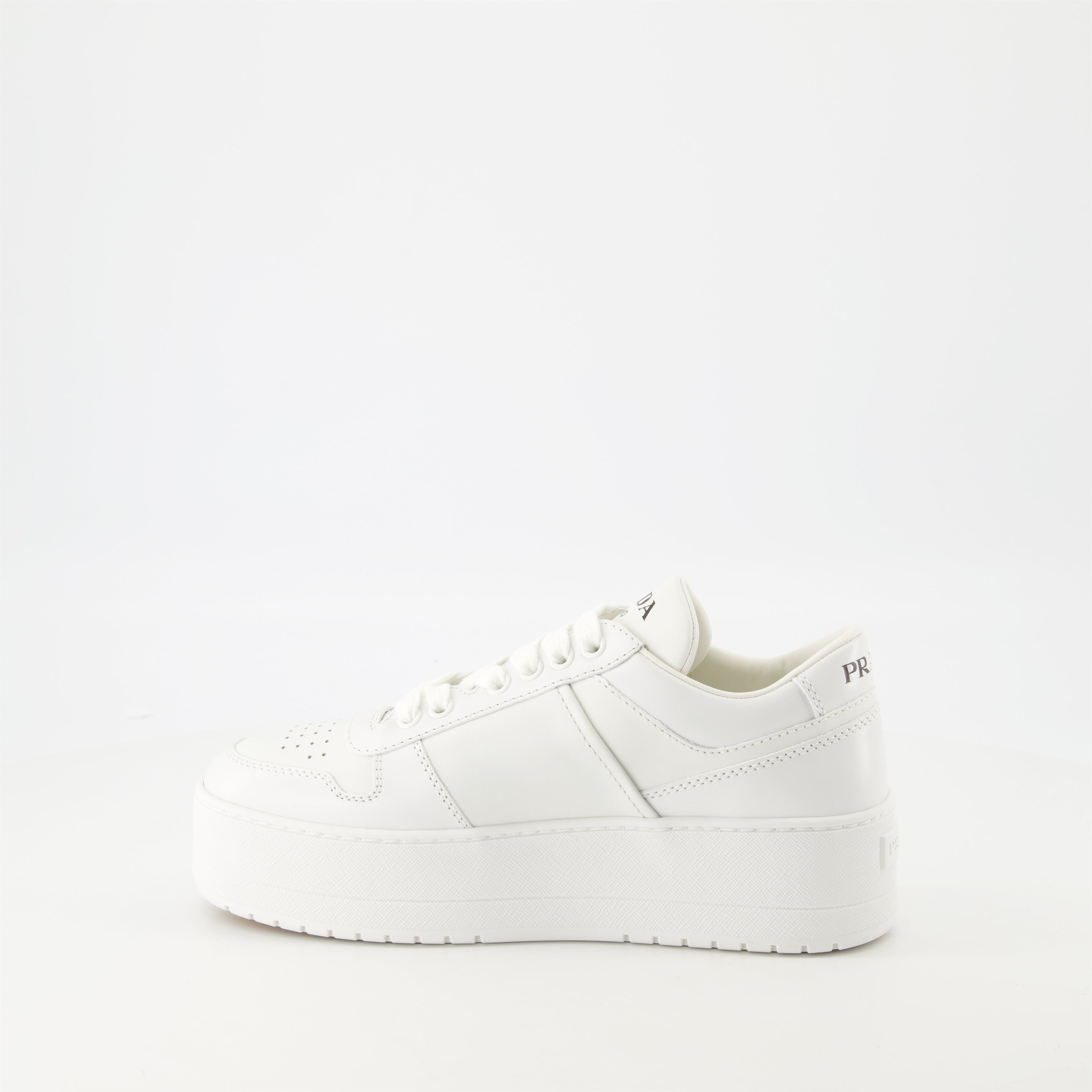 white sneakers, Prada Downtown Bold, platform shoes, smooth leather sneakers, geometric perforations