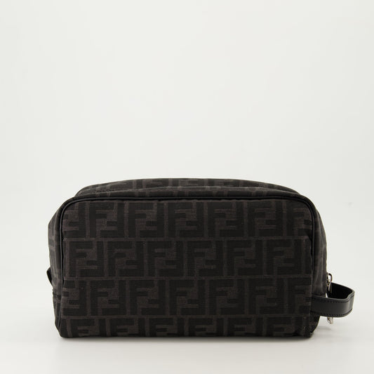 Fendi toiletry bag, black canvas bag, FF print accessories, men's travel essentials, luxury leather goods