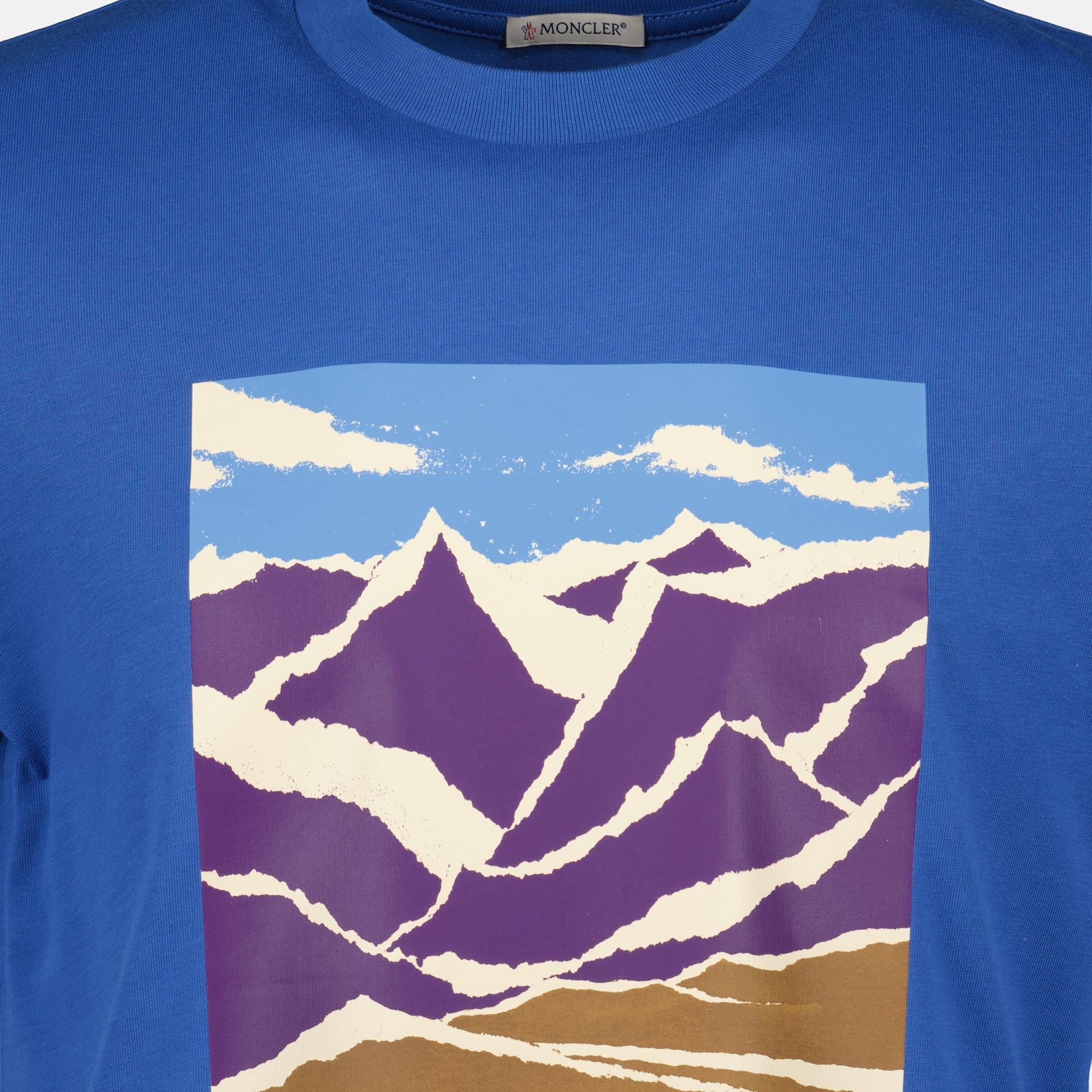 Moncler t-shirt, mountain print apparel, organic cotton t-shirt, casual fashion, blue casual wear