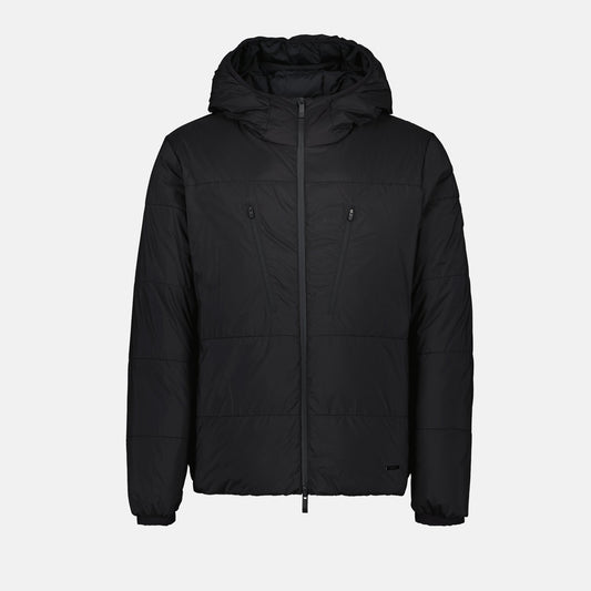 black puffer jacket, Moncler jacket, nylon jacket, adjustable hood jacket, Fall-Winter 2024