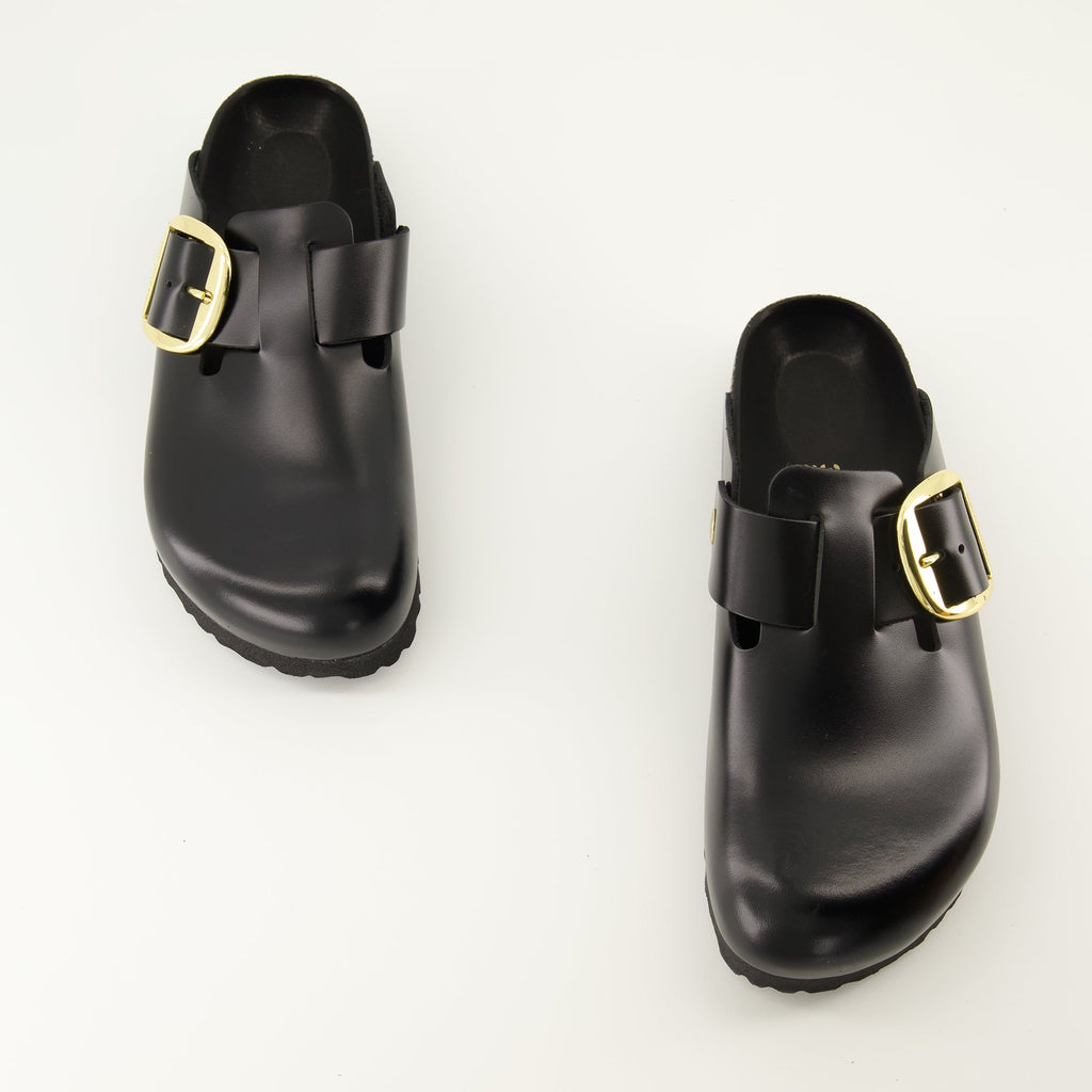 Birkenstock mules, black leather mules, Boston Big Buckle, comfortable footwear, adjustable mules