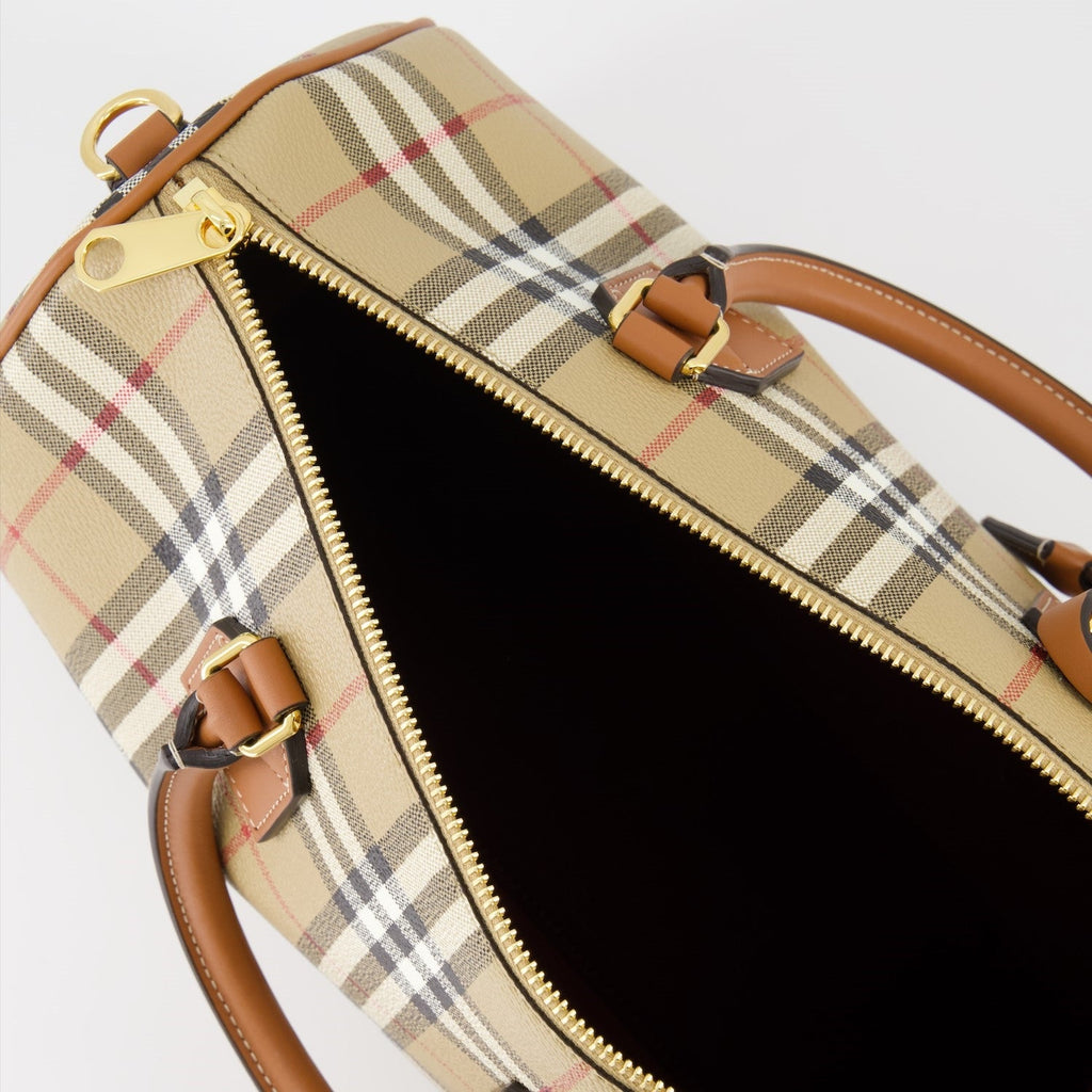 Burberry Bowling Bag, Beige Check Bag, Vintage Pattern Bag, Leather and Polyurethane Bag, Designer Handbag