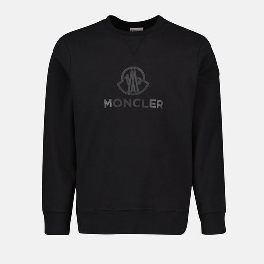 black logo sweatshirt, Moncler sweatshirt, cotton cashmere sweatshirt, round neck sweatshirt, ribbed edge sweatshirt