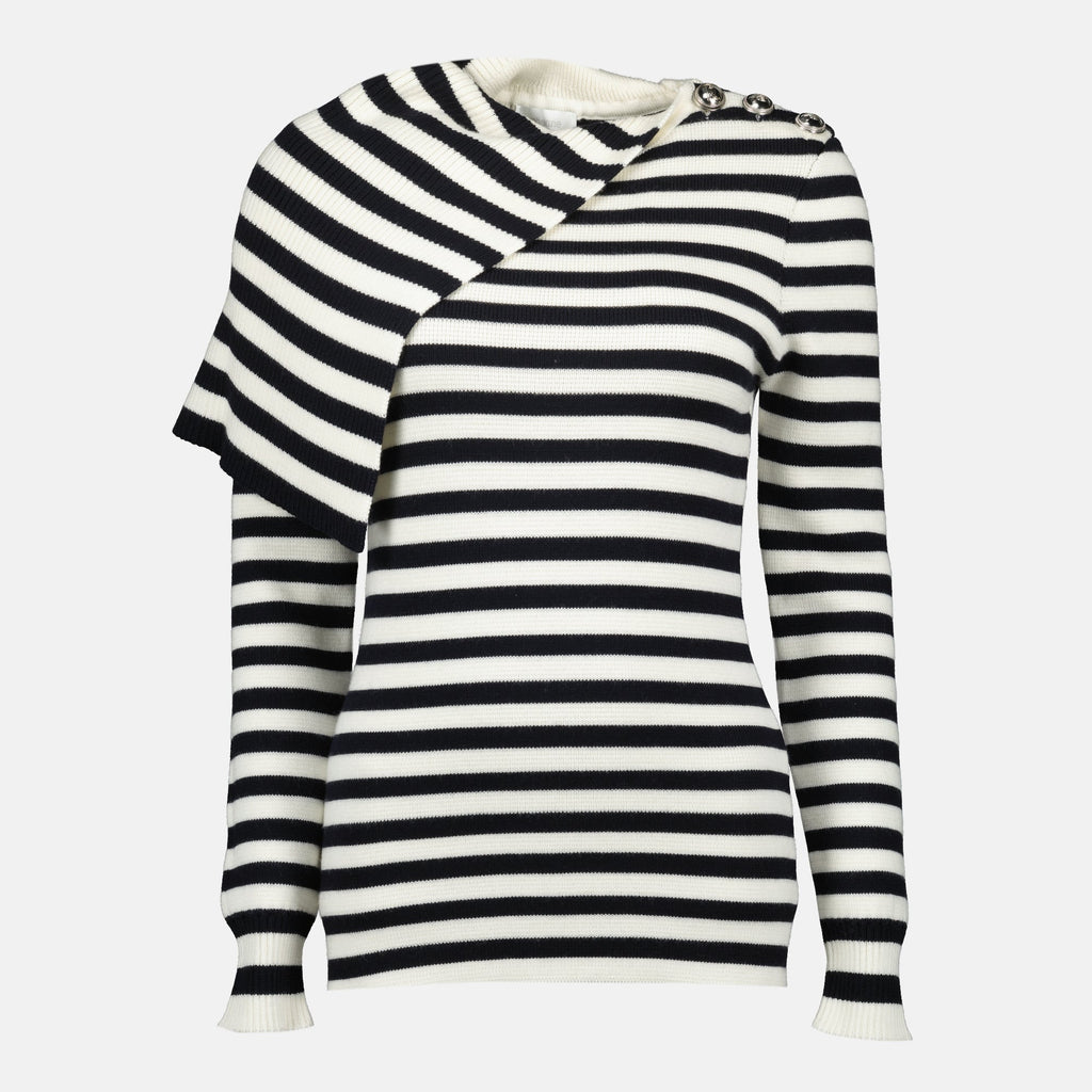 Rabanne sweater, blue and white striped sweater, wool sweater, autumn winter collection, elegant knitwear