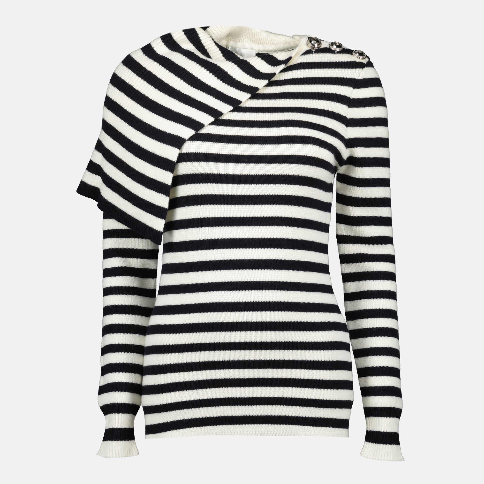 Rabanne sweater, blue and white striped sweater, wool sweater, autumn winter collection, elegant knitwear