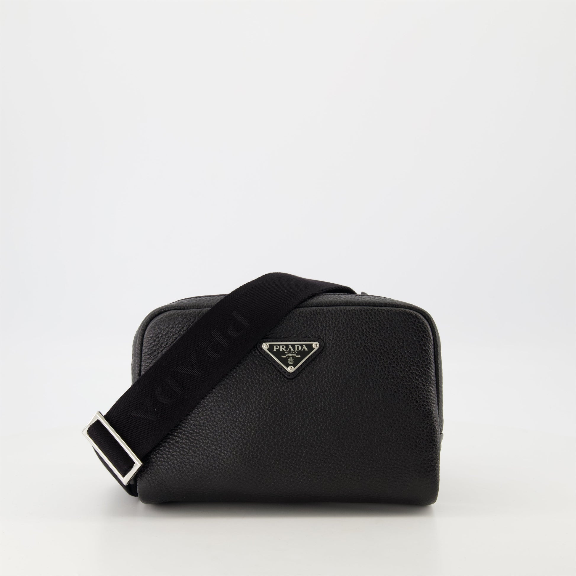 Prada crossbody bag, textured leather bag, adjustable strap bag, black leather bag, double zip bag