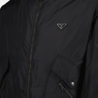 Re-nylon jacket, shearling collar, black zip jacket, ribbed edge jacket, Prada outerwear
