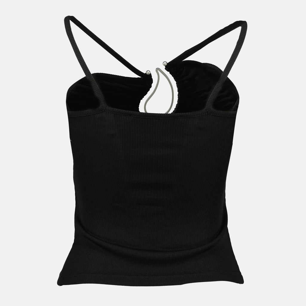 black paisley top, Christopher Esber, asymmetrical straps, natural stone pendant, slim fit