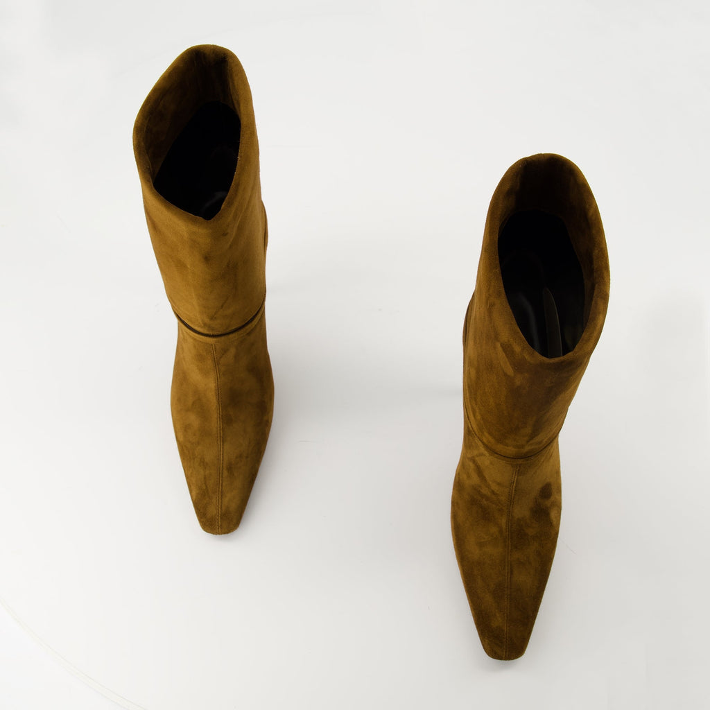 Suede ankle boots, Heeled boots, Saint Laurent footwear, Brown ankle boots, Autumn-winter fashion