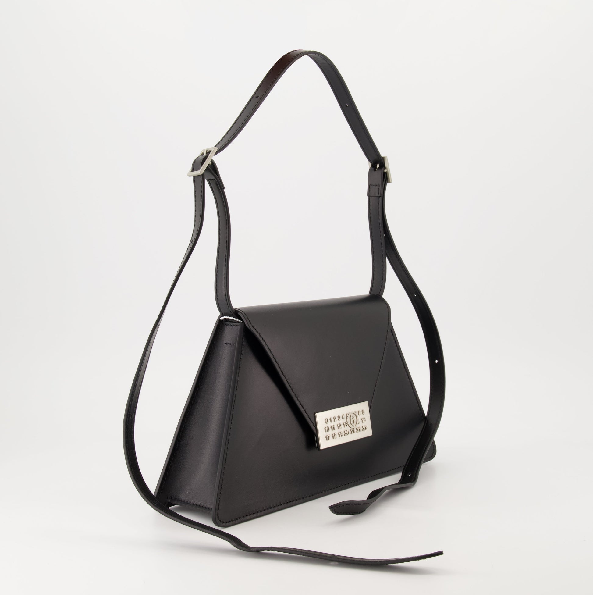 leather shoulder bag, MM6 collection, luxury accessories, adjustable strap, black designer bag