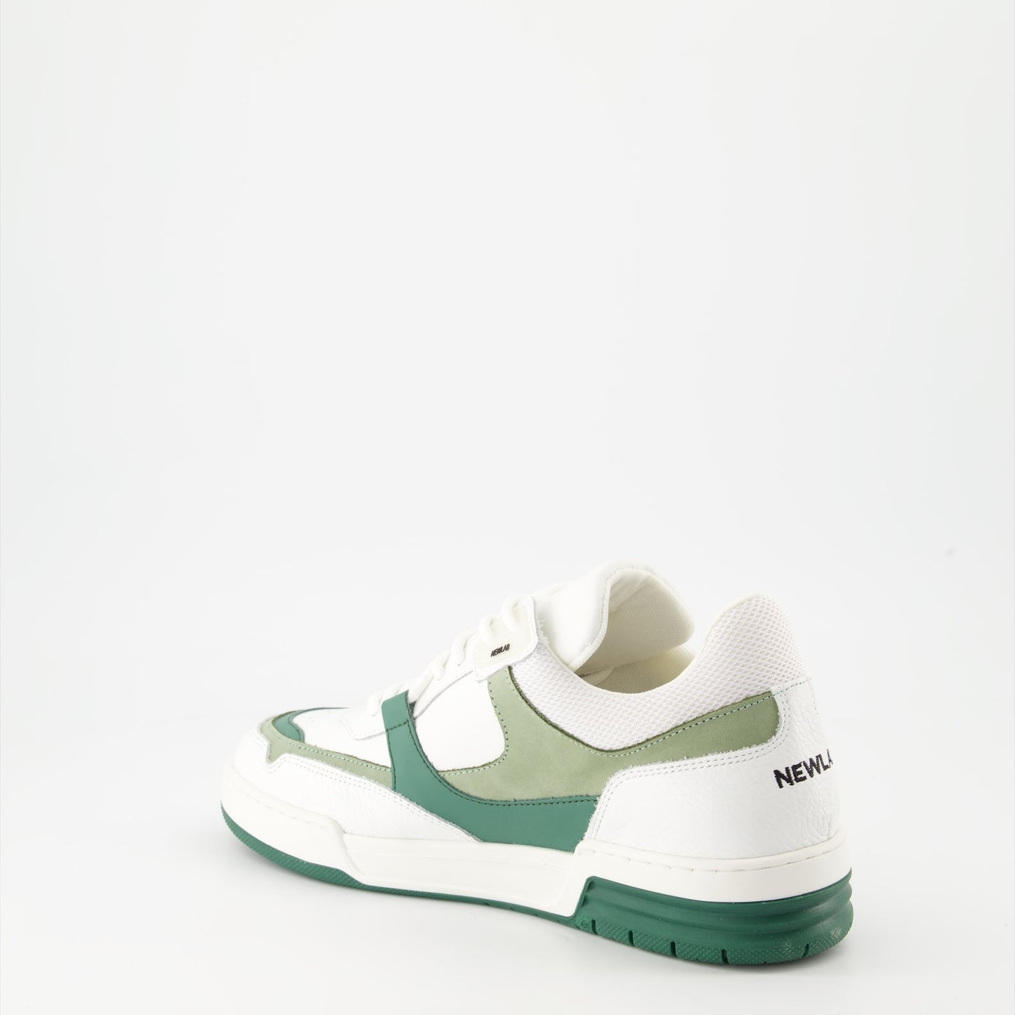 luxury sneakers, white leather shoes, green suede accents, New Lab collection, high-end fashion