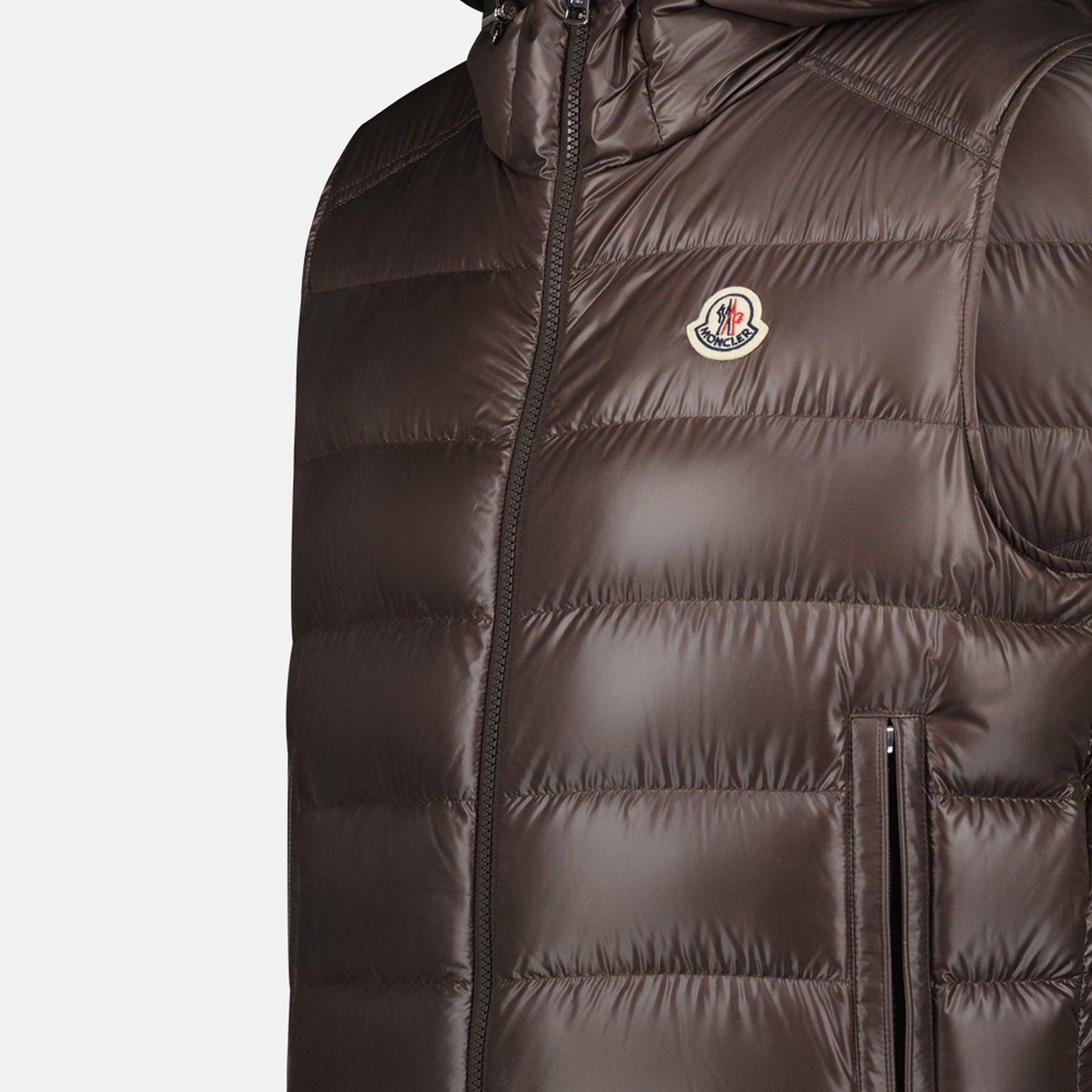 sleeveless vest, Moncler, brown vest, down-filled vest, double hood