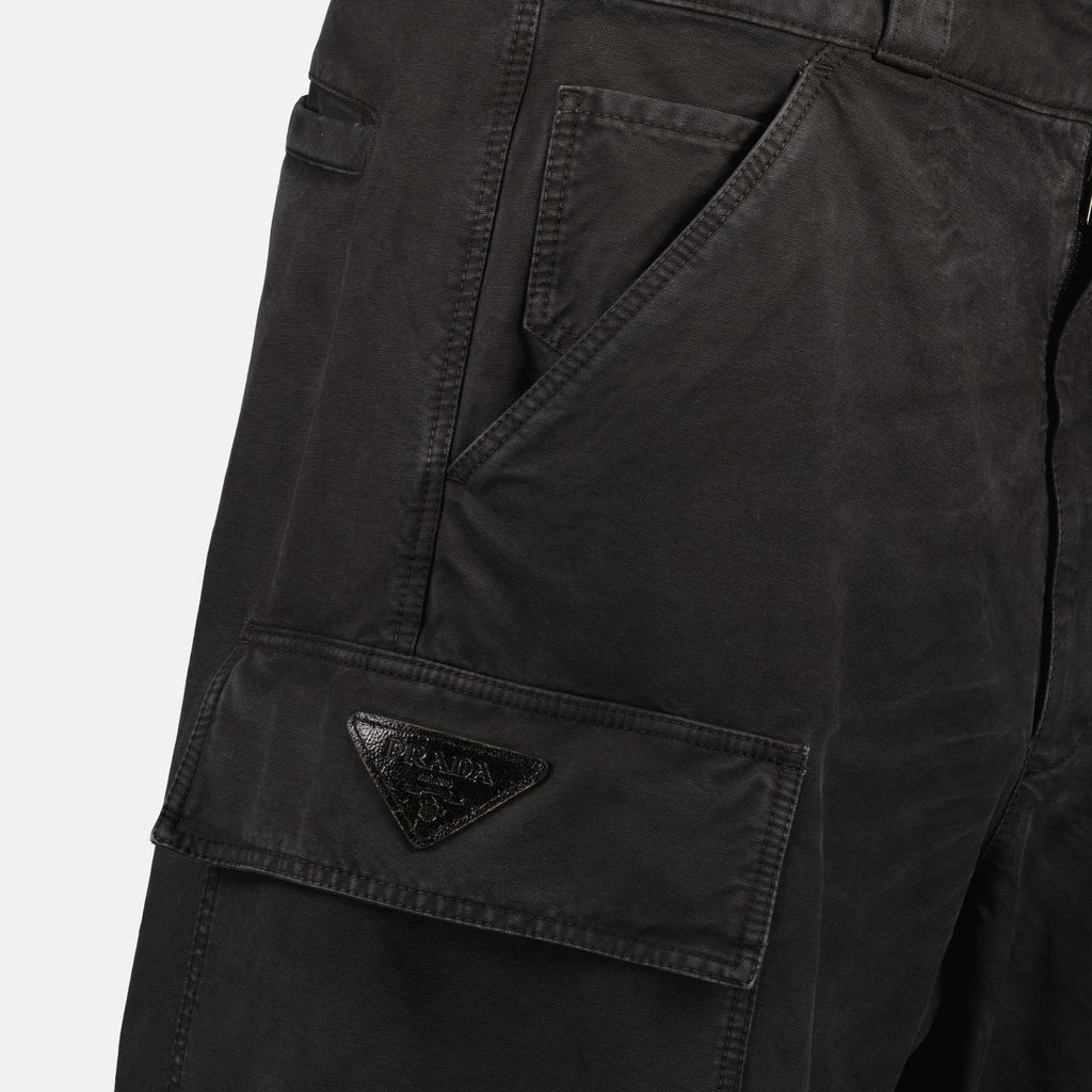 Image of Black Distressed Cargo Pants by Prada for Men - Season Spring-Summer 2025 - Product detail view 2