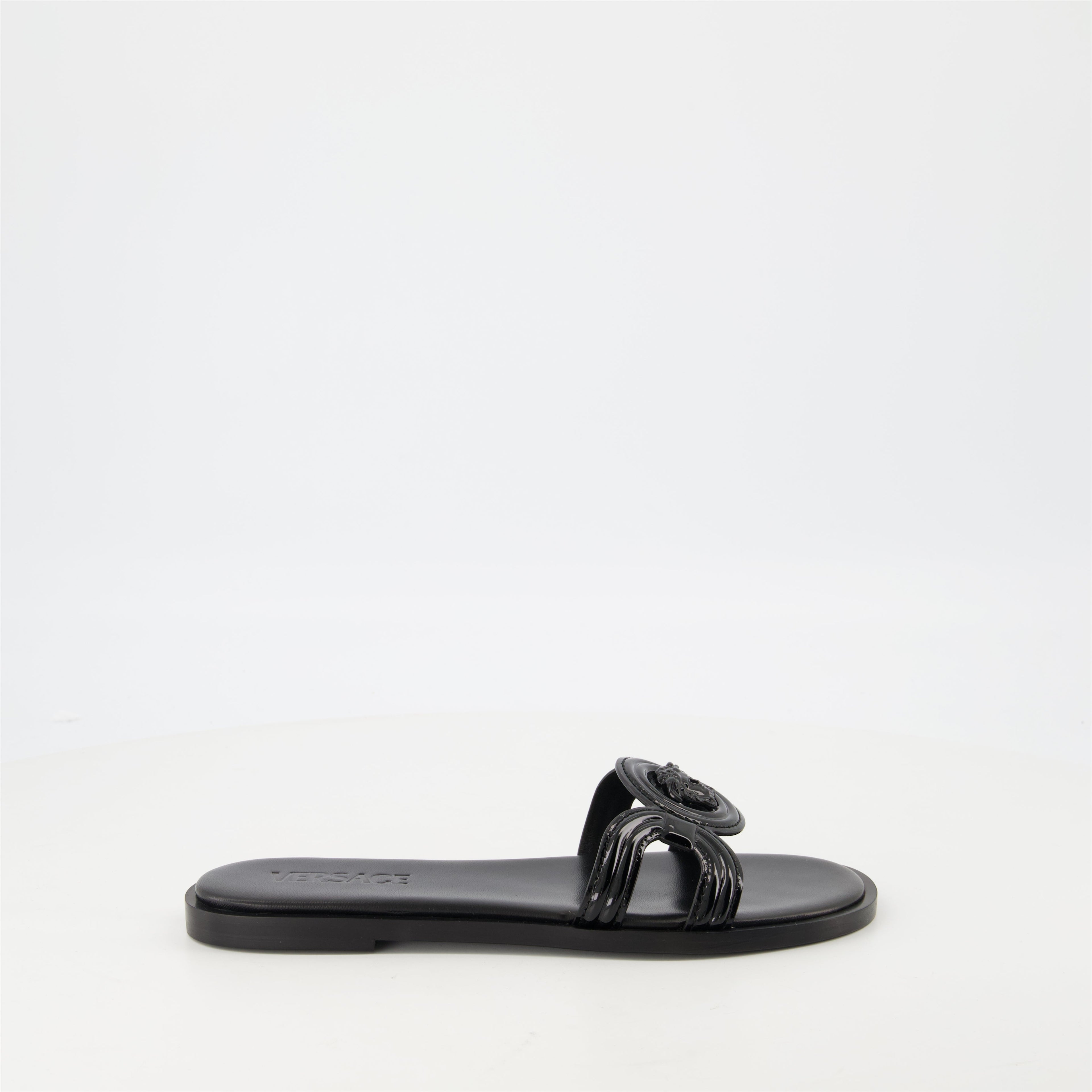 black leather slides, Medusa '95, stylish footwear, comfortable slides, luxury accessories