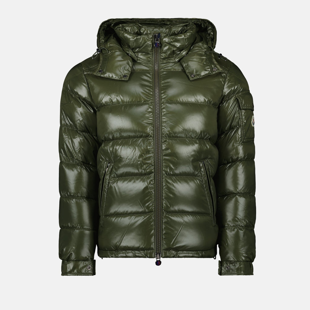 Moncler jacket, Maya down jacket, green nylon outerwear, men's quilted jacket, stylish winter coat