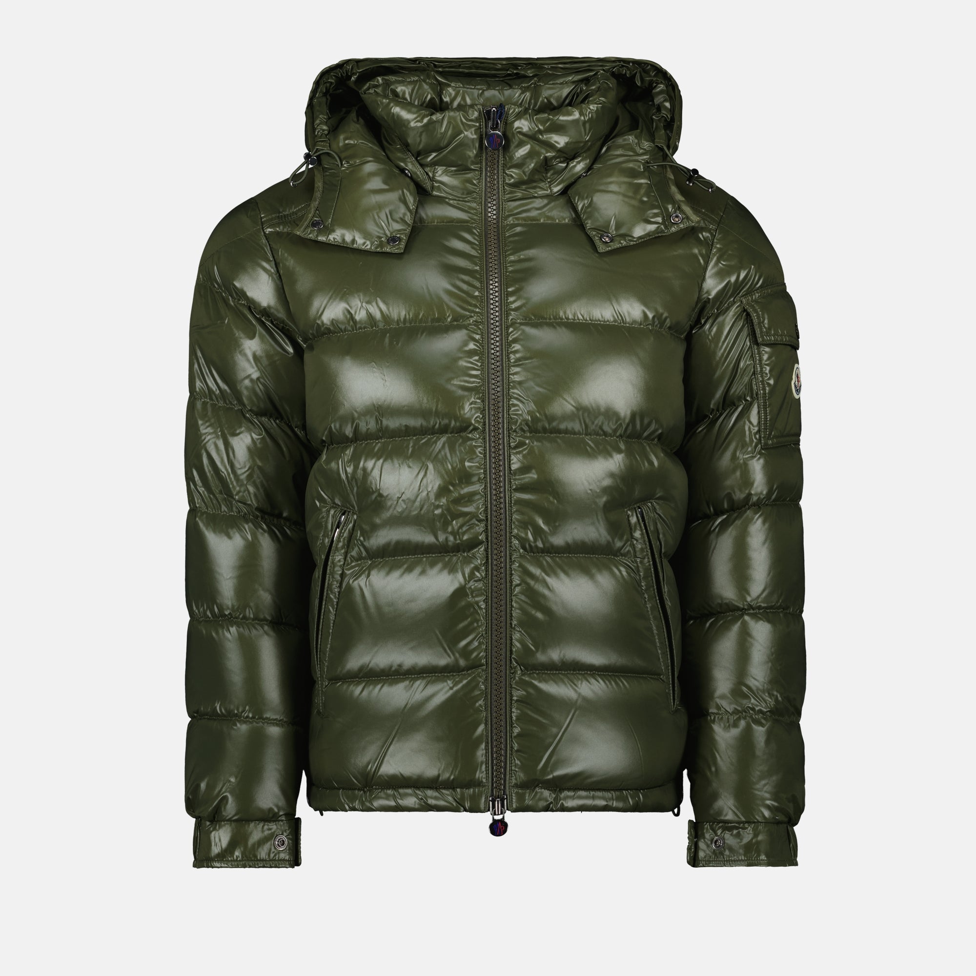 Moncler jacket, Maya down jacket, green nylon outerwear, men's quilted jacket, stylish winter coat