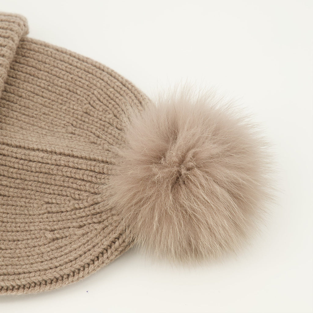 Fendi beanie, gray wool hat, women's winter accessory, fox fur pompom, designer knitwear