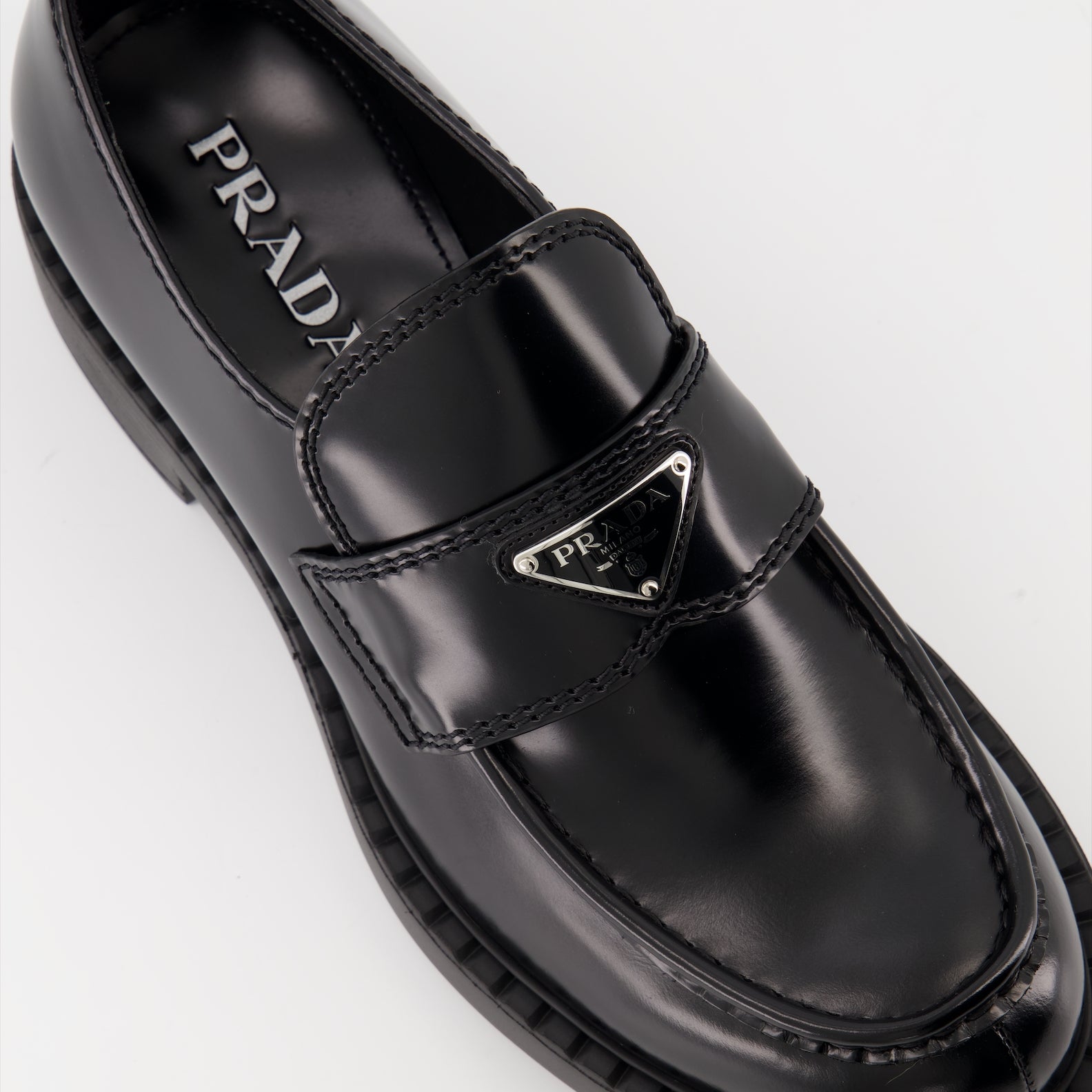 Prada moccasins, luxury leather shoes, black mocassins, designer footwear, Autumn-Winter collection