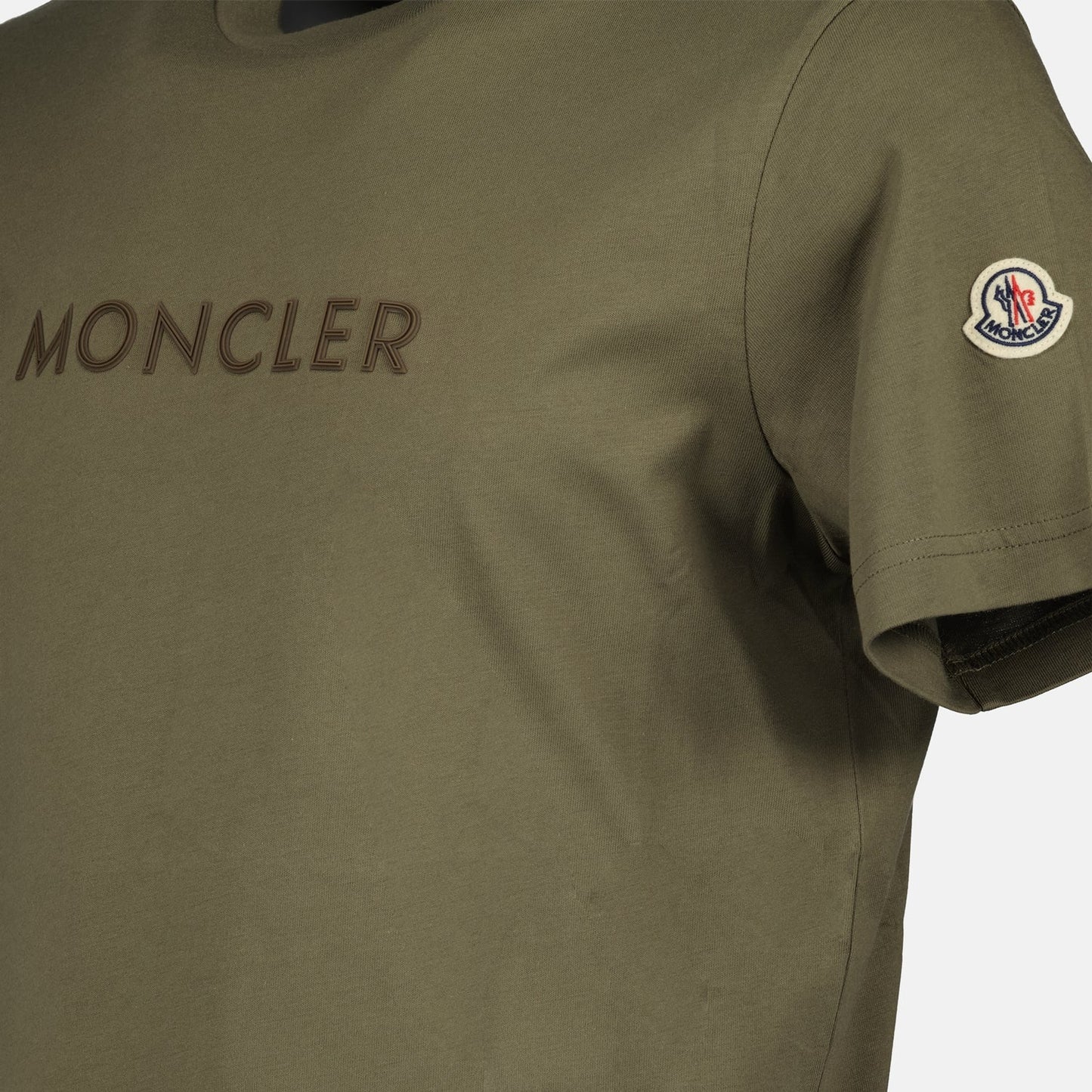 Khaki T-shirt, Moncler T-shirt, Organic Cotton Tee, Luxury Casual Wear, Sophisticated Logo Top