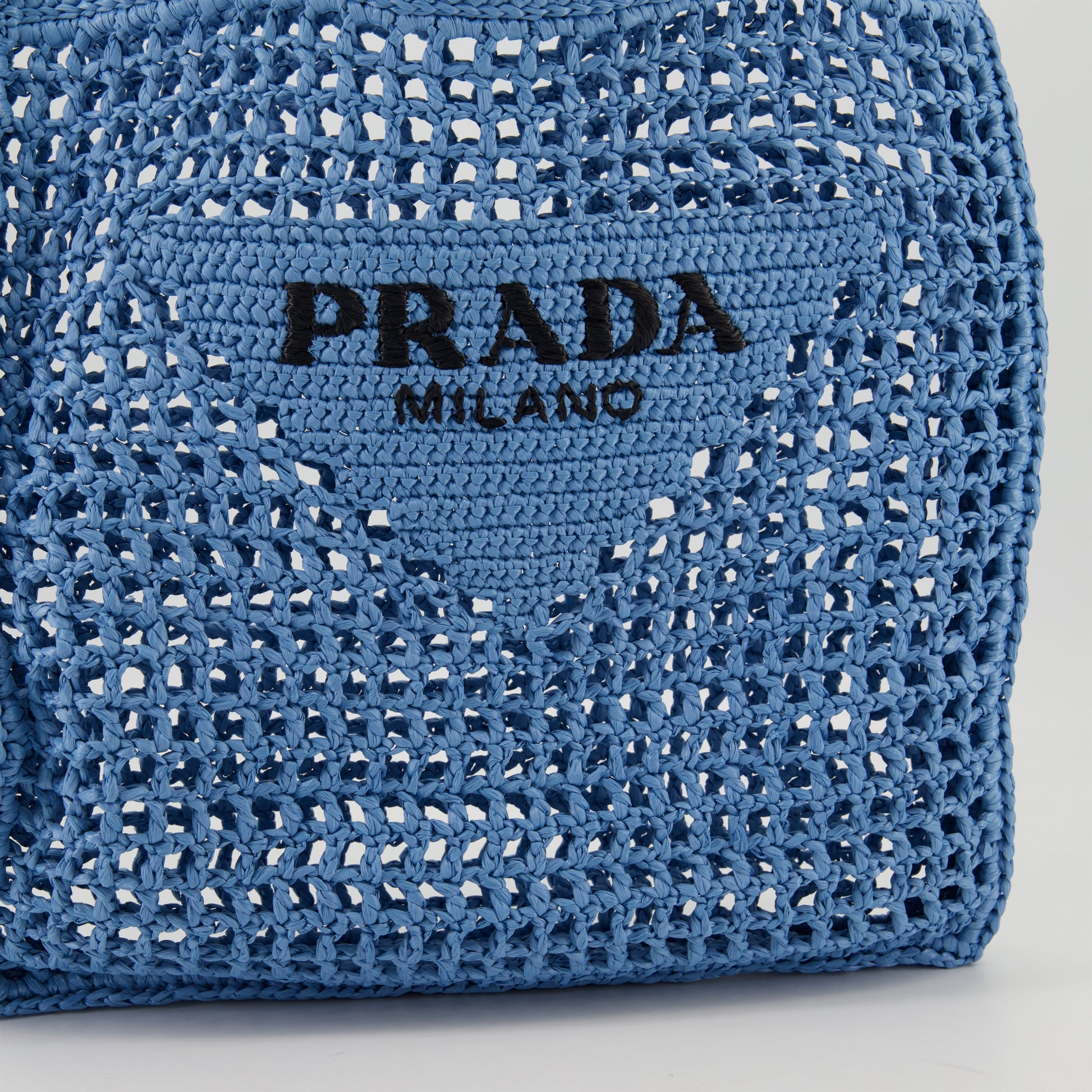 crochet tote, blue bag, square design tote, leather crochet bag, Prada tote