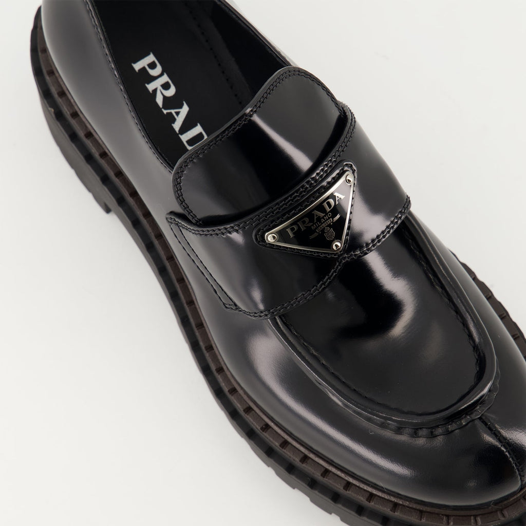   Prada moccasins, black leather shoes, Autumn-Winter 2024, luxury footwear, brushed leather moccasins  