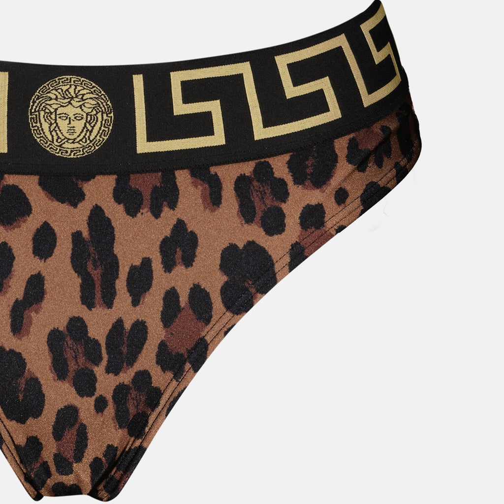 leopard bikini, Versace swimwear, luxury beachwear, animal print bikini, designer swimwear