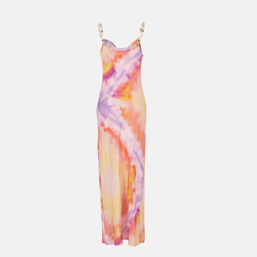 satin dress, tie and dye dress, Rabanne dress, cowl neckline, spring summer collection
