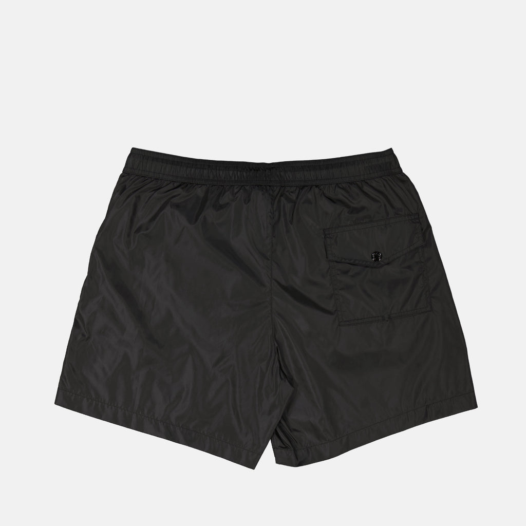 black swim shorts, Moncler swimwear, logo swim shorts, nylon swim shorts, luxury beachwear