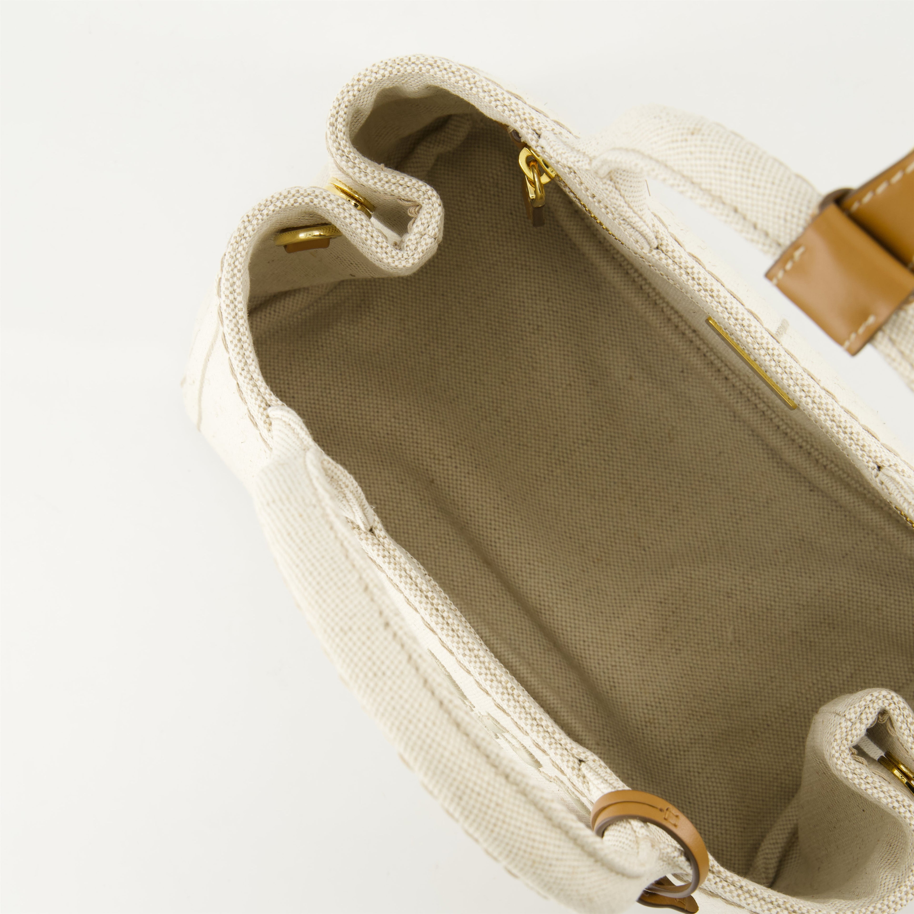 canvas tote bag, Prada, beige tote, luxury accessories, embroidered logo