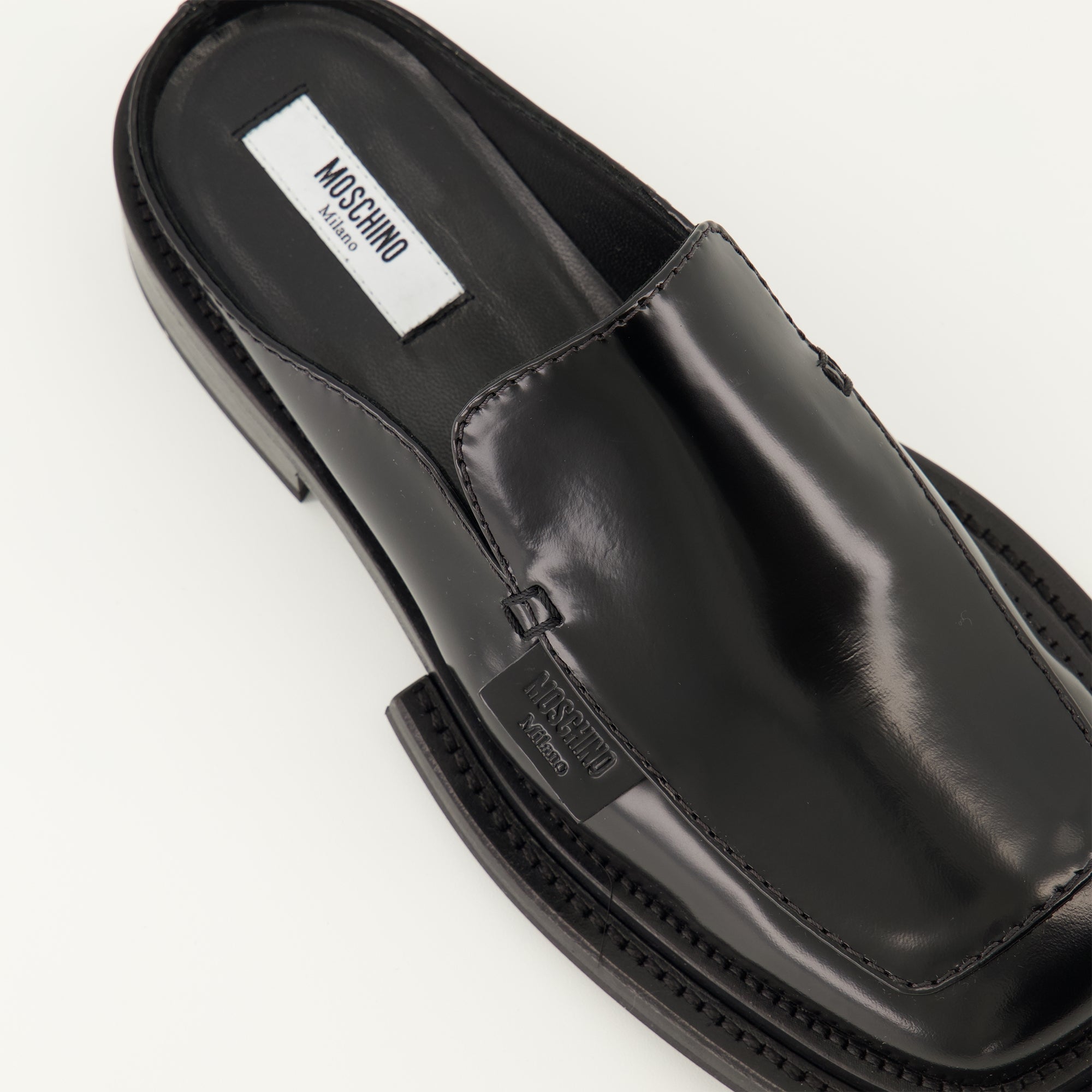 Moschino mules, patent leather footwear, black mules, comfortable slip-on shoes, women's designer shoes