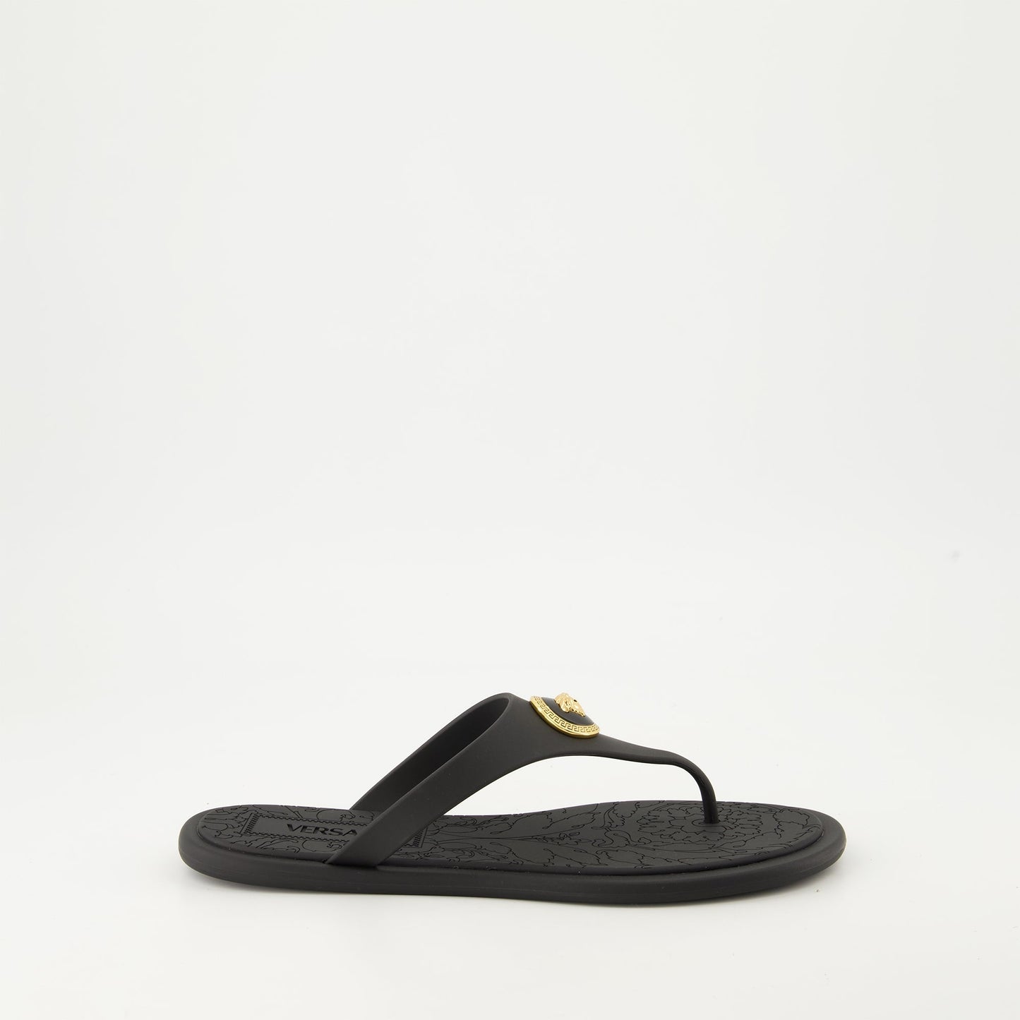 Alia slides, Versace slides, luxury black slides, rubber slides, designer footwear