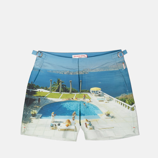 swim shorts, photographic swimwear, men's swimwear, adjustable waist shorts, nylon swim shorts