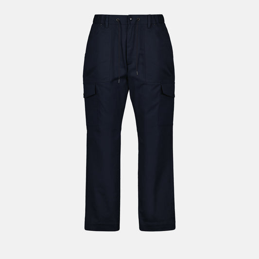 gabardine trousers, luxury trousers, Moncler trousers, blue trousers, stretch cotton trousers