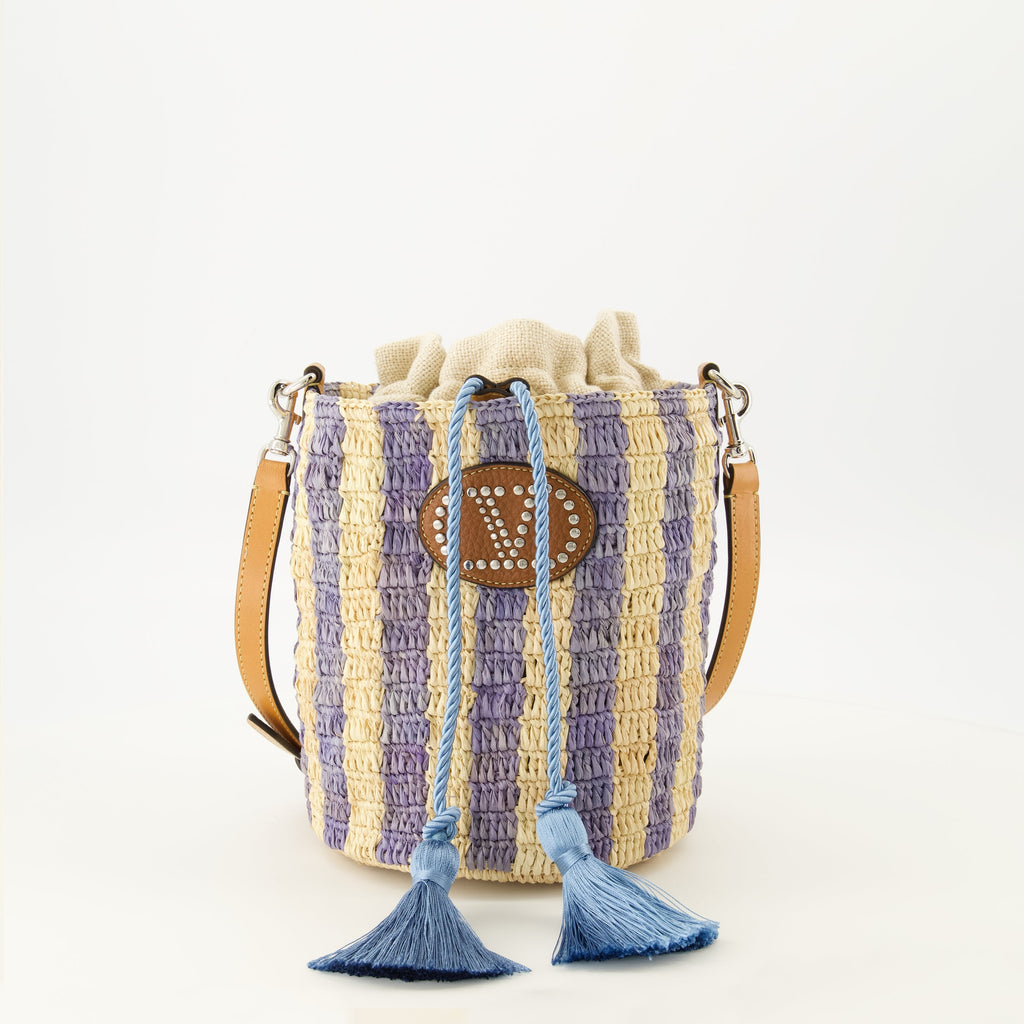 Piccola Borsa a Secchiello in Raffia con Motivo a Strisce Blu