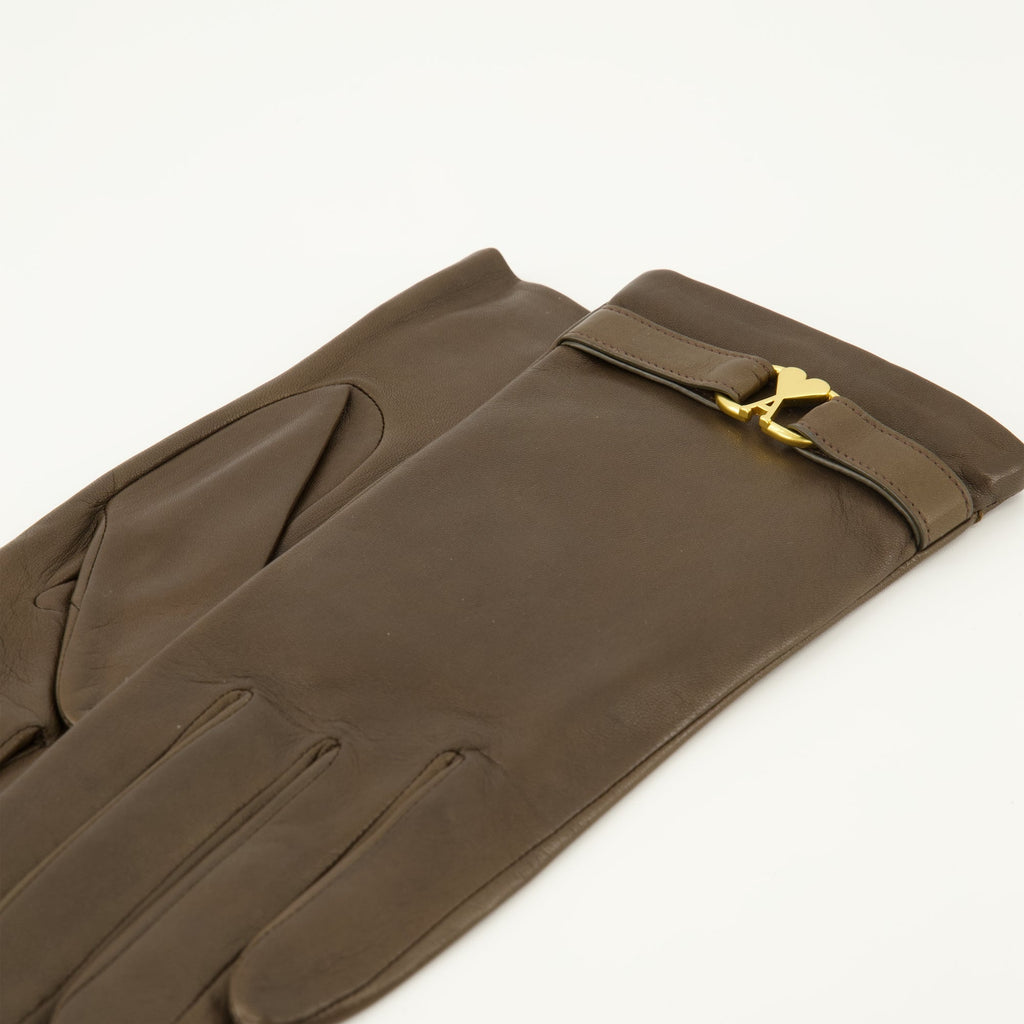 brown leather gloves, AMI Paris gloves, lambskin gloves, fashion accessories, designer gloves