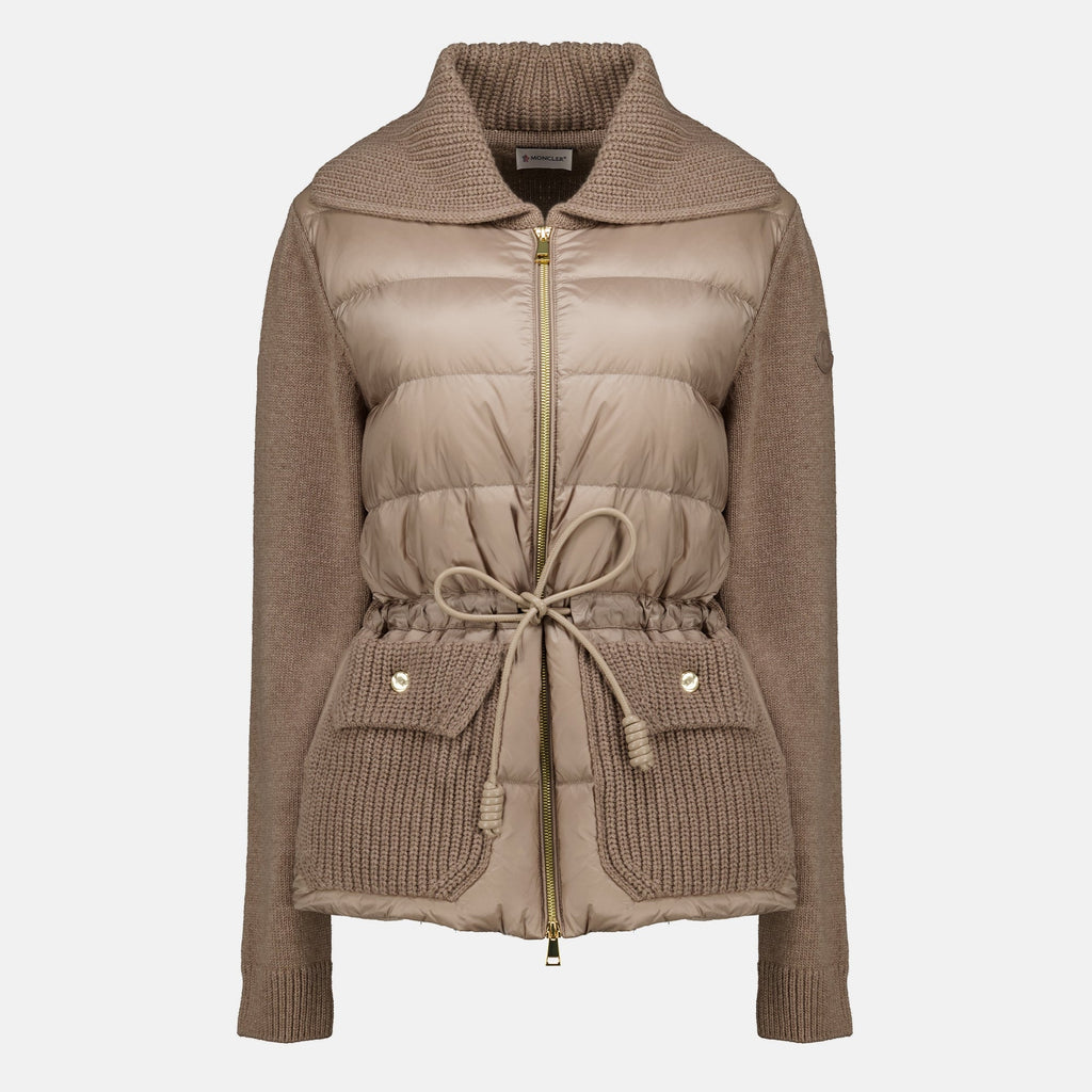 Beige Strickjacke mit Reißverschluss und verstellbarer Taille