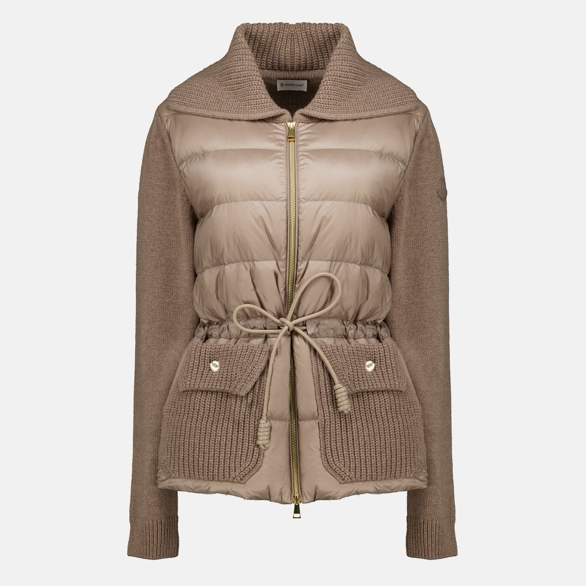 Beige Strickjacke mit Reißverschluss und verstellbarer Taille